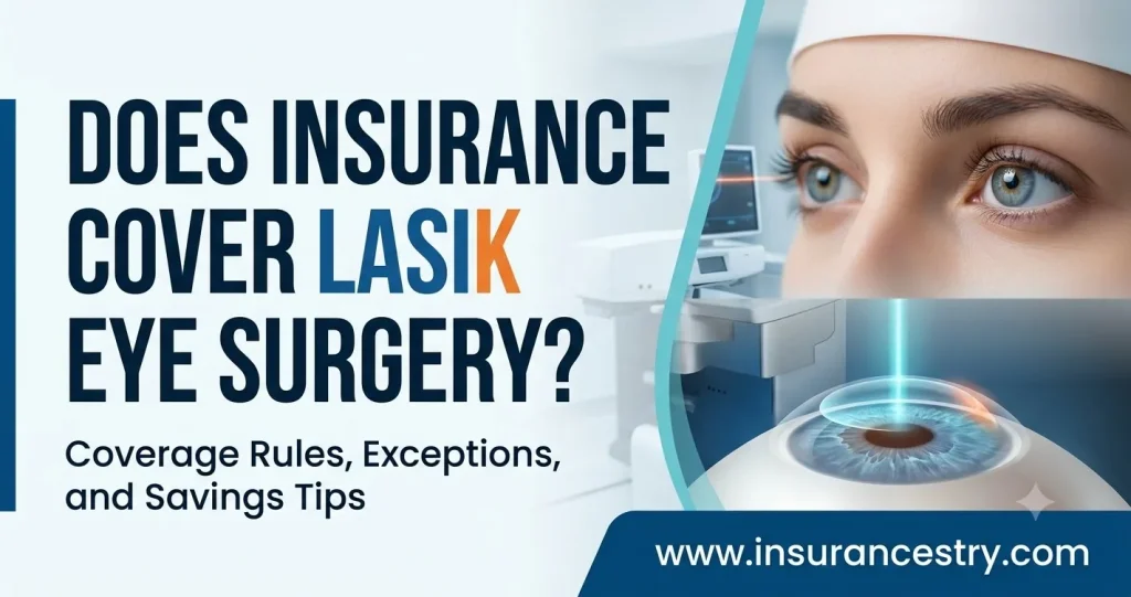 InsuranceStry blog thumbnail discussing LASIK eye surgery insurance coverage, rules, and savings tips.