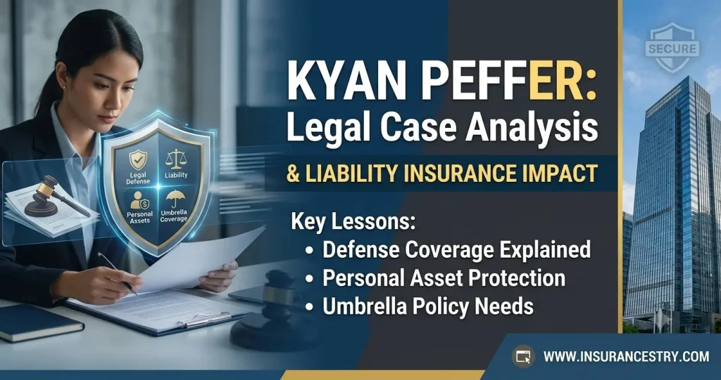 Kyan Peffer legal case analysis and liability insurance guide featured banner for Insurancestry.com, showing a legal shield icon and asset protection checklist in 1200x628 resolution.